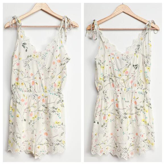 Lulus Keiko Ivory Floral Eyelet Tie-Strap Romper M - Picture 3 of 3